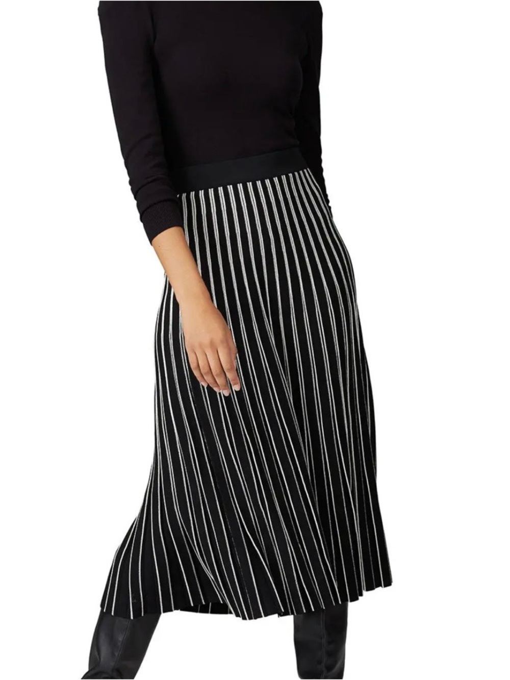 Tory Burch Black and White Striped Pleated Midi Skirt